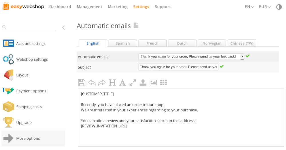 Snímek obrazovky automatických e-mailů